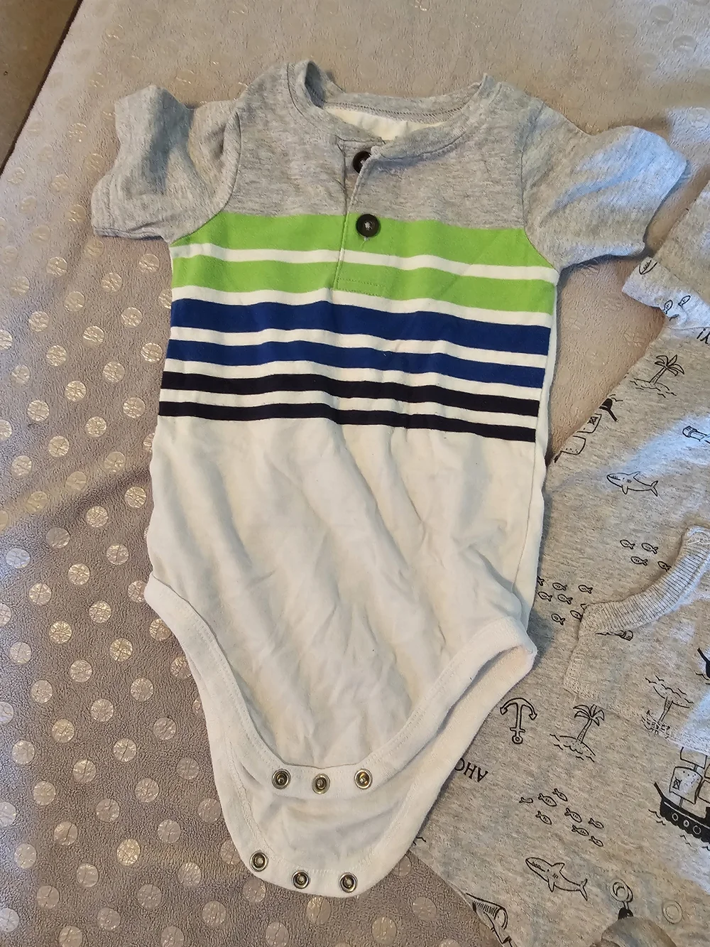 Carter's Green, Blue & Gray Striped Bodysuit with Gray Nautical Romper 24 Months